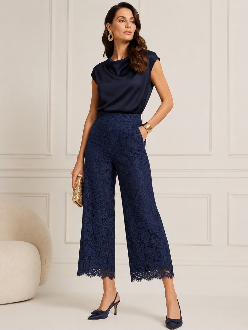 NEW • J. Crew • Women’s high rise pull-on Peyton wide leg pant in lace Navy Blue